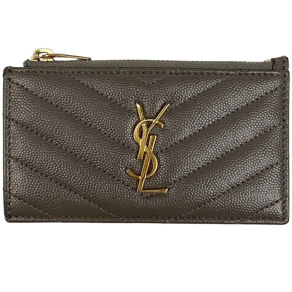 Saint Laurent Yves Monogram Fragment Zip Card Case Wallet Coin Leather Gray